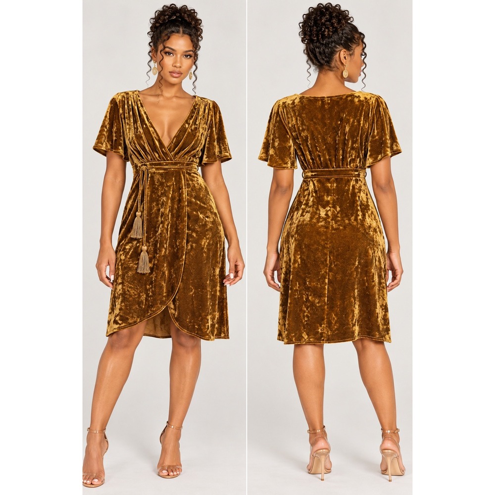 Forever 21 Mustard Gold Crushed Velvet Tassel Wrap Dress Small V-Neck Midi